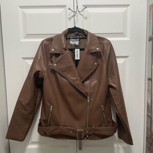 Large brown faux leather jacket with belt